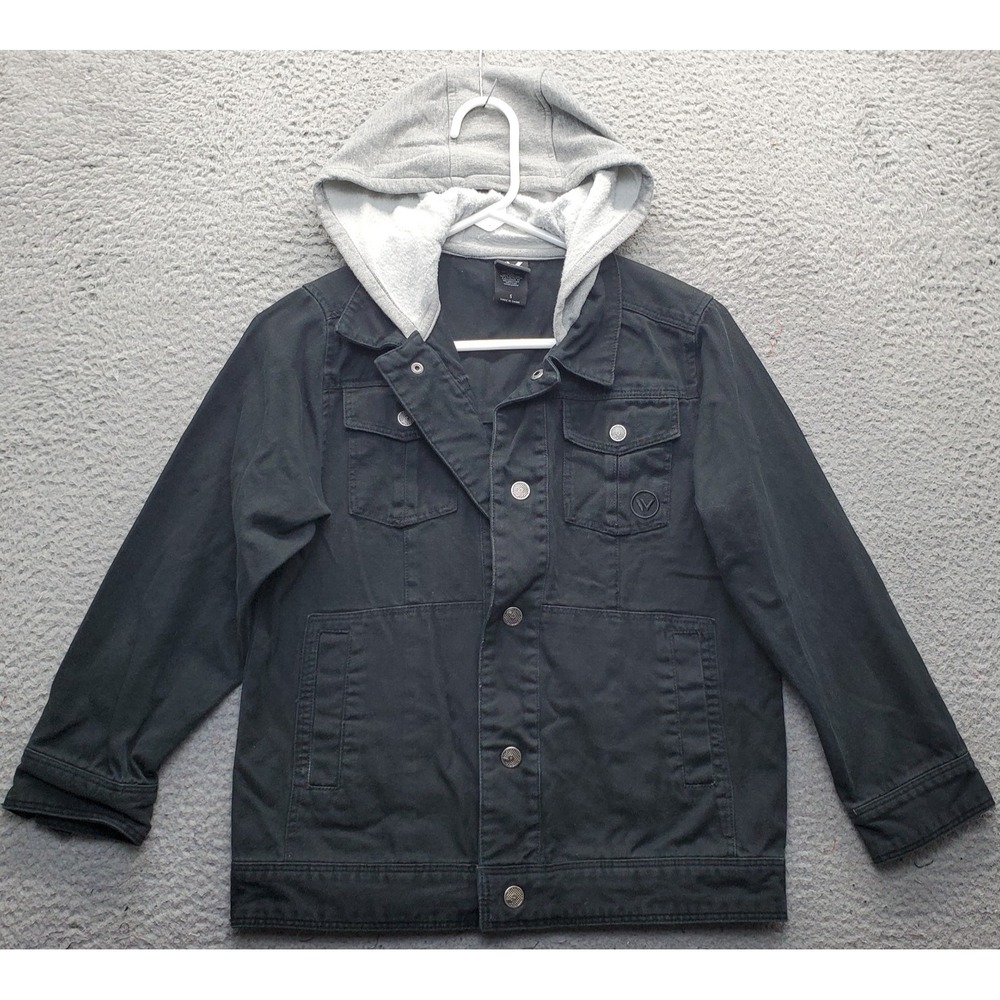 Volcom x Shaun White Trucker Jacket Mens Small Black Canvas Hooded Button Front